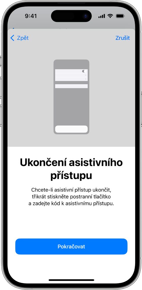 Na displeji iPhonu jsou zobrazené informace o ukončení asistivního přístupu.