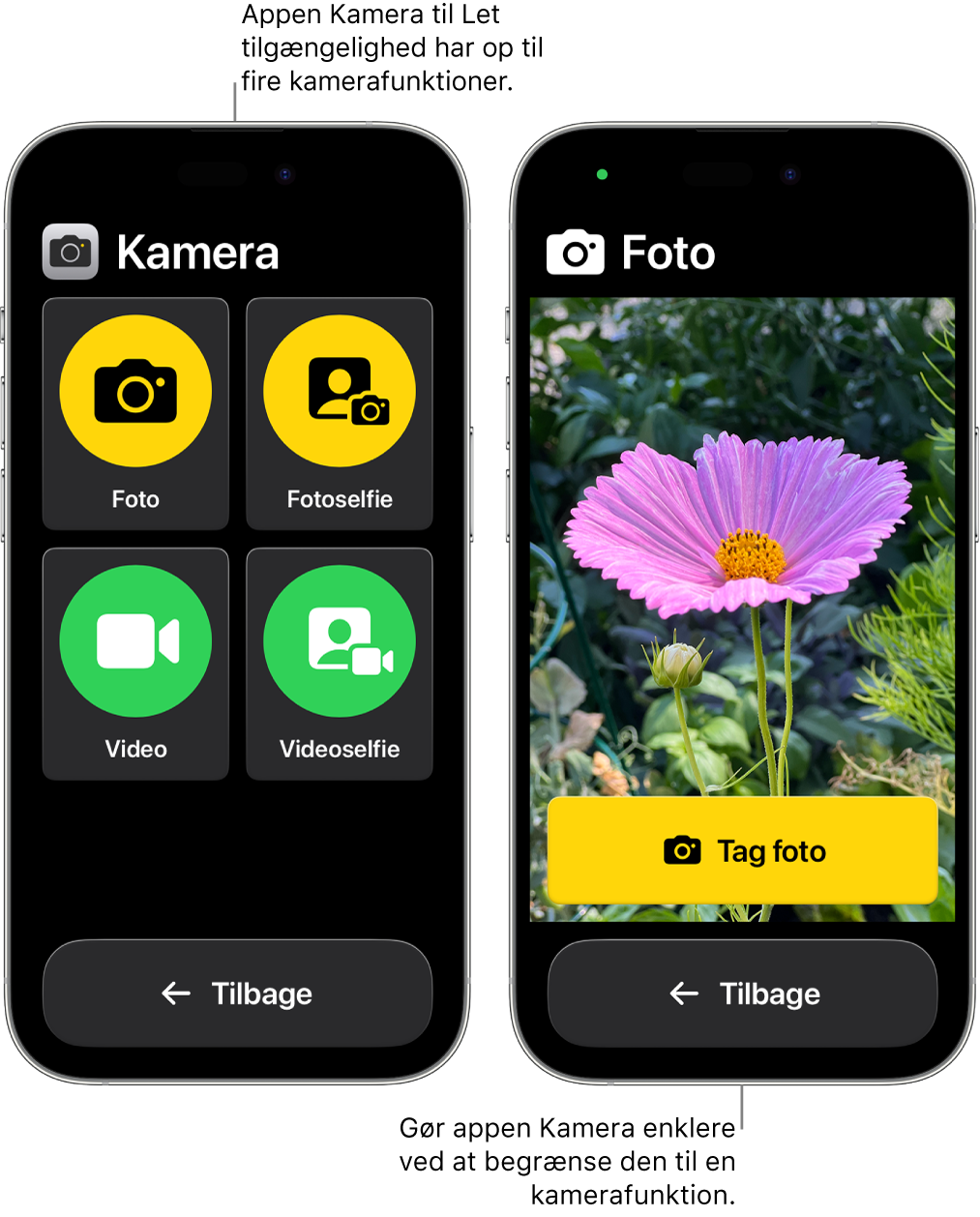 To iPhone-enheder i Let tilgængelighed. En iPhone, der viser appen Kamera med kamerafunktioner, som brugeren kan vælge mellem, f.eks. Video eller Fotoselfie. Den anden iPhone viser appen Kamera med en enkelt funktion til at tage fotos.