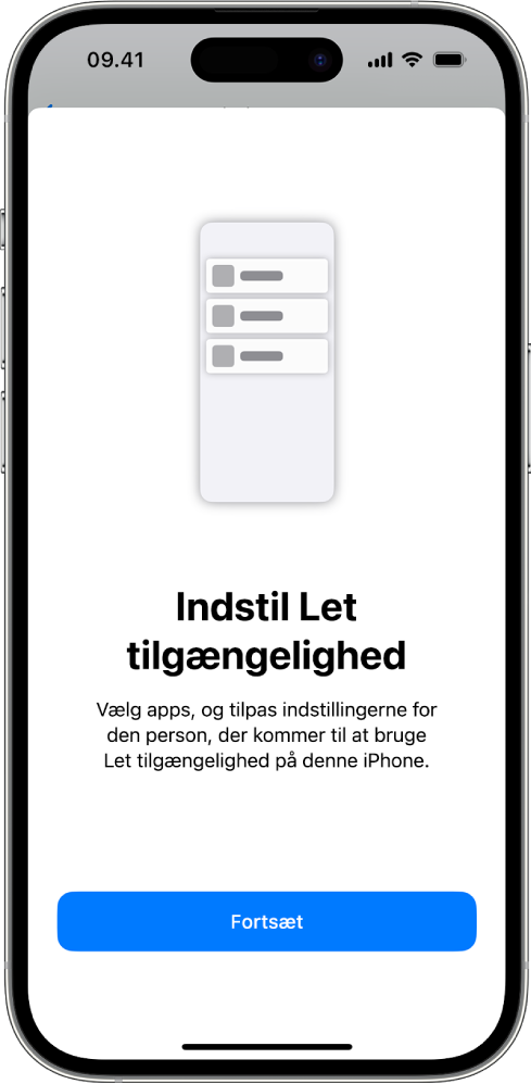 En iPhone, der viser indstillingsskærmen til Let tilgængelighed med knappen Fortsæt nederst.
