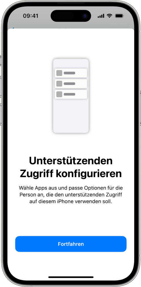 Ein iPhone, auf dem der Konfigurationsbildschirm von „Unterstützender Zugriff“ mit der Taste „Fortfahren“ am unteren Bildschirmrand angezeigt wird.