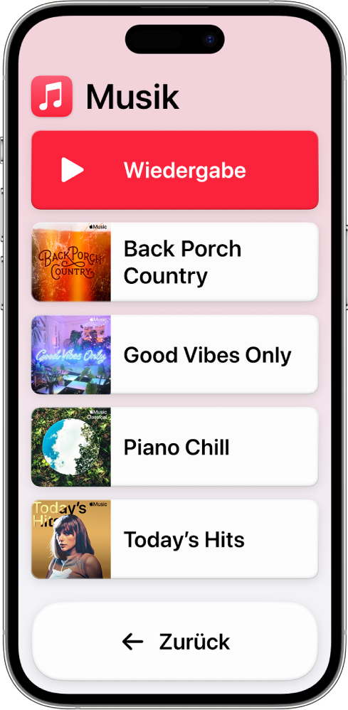 Ein iPhone mit der aktivierten Funktion „Unterstützender Zugriff“ und der geöffneten App „Musik“. Die Taste „Wiedergabe“ befindet sich oben und die Taste „Zurück“ unten auf dem Bildschirm. Auf der Mitte des Bildschirms wird eine Liste mit Playlists angezeigt.