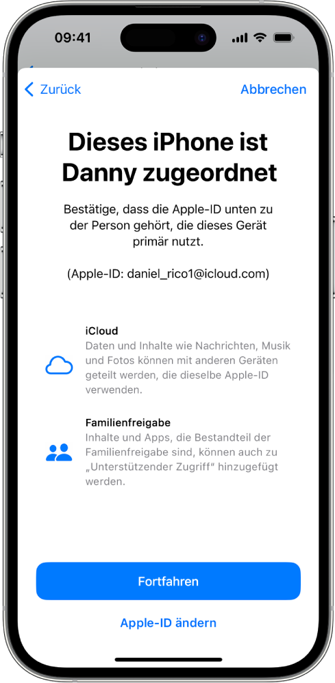 Ein iPhone mit der mit dem Gerät verknüpften Apple-ID und Informationen über Funktionen von iCloud und der Familienfreigabe, die mit „Unterstützender Zugriff“ verwendet werden können.
