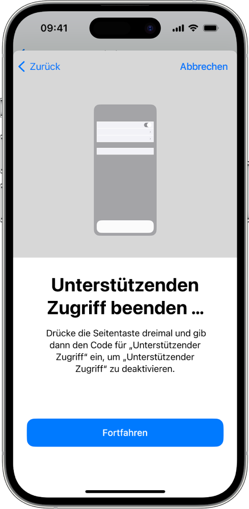 Ein iPhone mit einem Bildschirm, der das Beenden von „Unterstützender Zugriff“ erklärt.