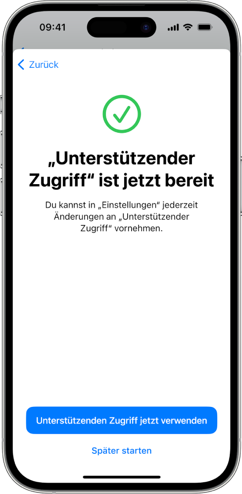 Ein iPhone-Bildschirm auf dem angezeigt wird, dass „Unterstützender Zugriff“ einsatzbereit ist. Unten auf dem Bildschirm befindet sich eine Taste zum Starten von „Unterstützender Zugriff“.