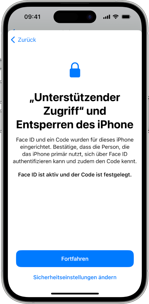 Ein iPhone-Bildschirm, auf dem die vertrauenswürdigen Bezugsperson dazu aufgefordert wird, zu bestätigen, dass der:die Benutzer:in des Geräts den Gerätecode kennt.