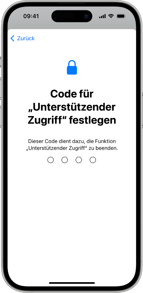 Der iPhone-Bildschirm zum Festlegen des Codes für „Unterstützender Zugriff“, der zum Starten und Beenden von „Unterstützender Zugriff“ verwendet wird.