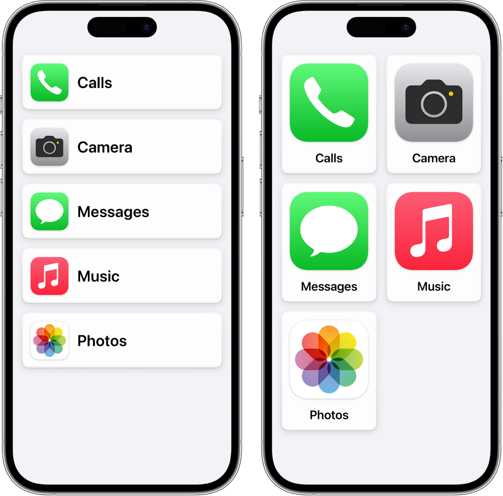 Two iPhones in Assistive Access. One shows the Home Screen with apps listed in a row. The other shows larger apps arranged in a grid.
