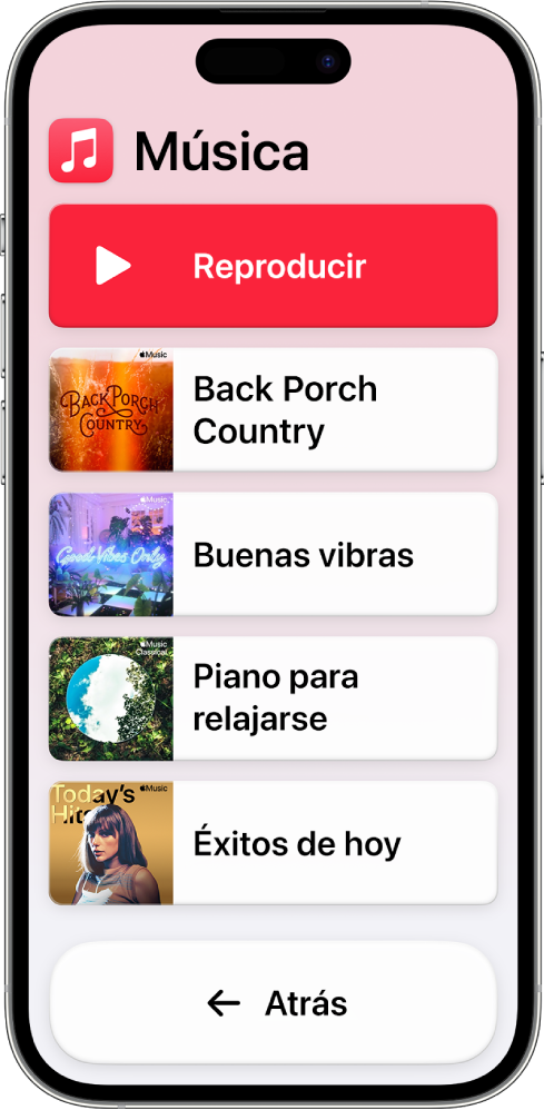 Un iPhone en acceso asistido con la app Música abierta. El botón Reproducir está en la parte superior de la pantalla, y el botón Atrás en la parte inferior. El centro de la pantalla muestra una lista de playlists.