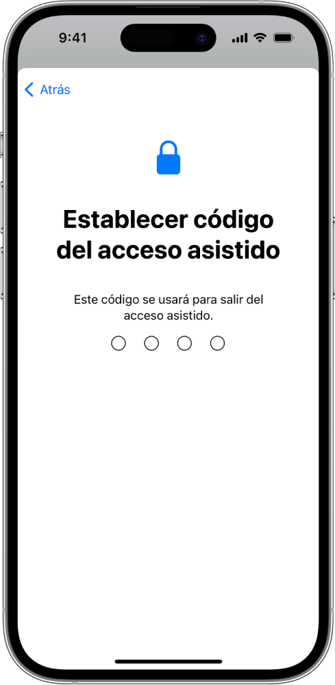 Un iPhone mostrando la pantalla para establecer el código que se usa al entrar y salir del acceso asistido.