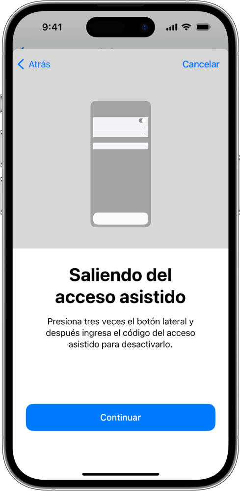 Un iPhone con una pantalla explicando cómo salir del acceso asistido.
