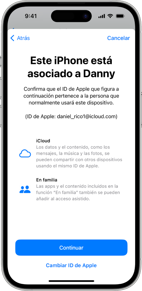 iPhone con el ID de Apple asociado con el dispositivo e información sobre las funciones de iCloud y “En familia” que se pueden usar con el acceso asistido.
