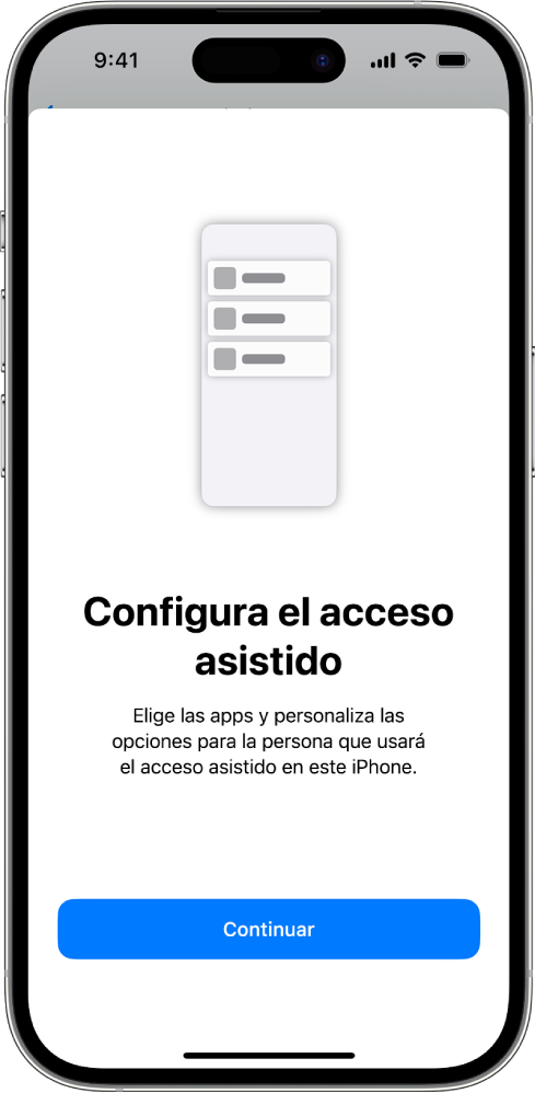 iPhone con la pantalla de configuración del acceso asistido y el botón Continuar en la parte inferior.