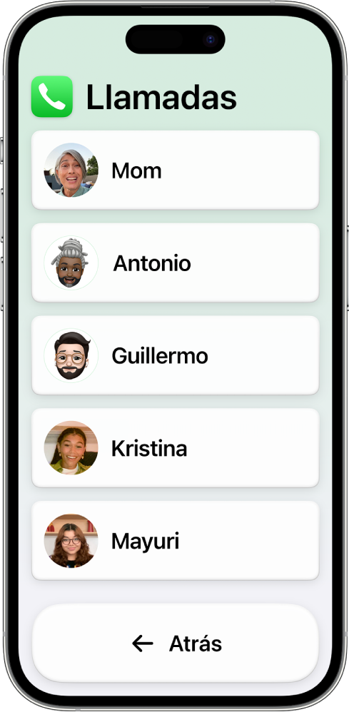 Un iPhone en el modo de acceso asistido con la app Llamadas abierta, donde se ve una lista de fotos y nombres de contactos.