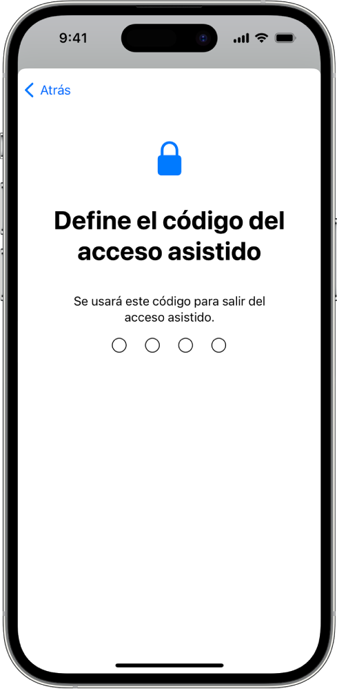 iPhone con la pantalla para configurar el código del acceso asistido que se usa para activar y desactivar el acceso asistido.