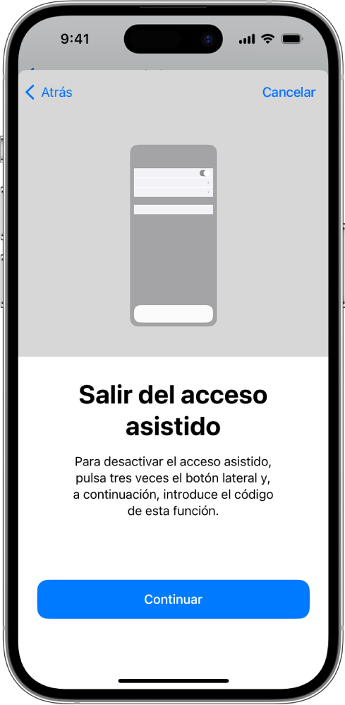 iPhone con una pantalla que explica cómo desactivar el acceso asistido.
