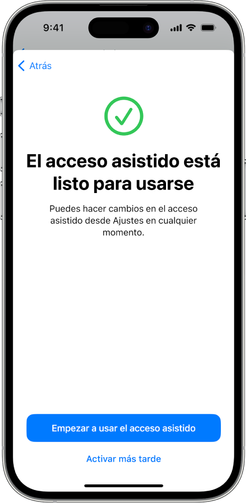 iPhone que muestra que el acceso asistido está listo para usar con un botón en la parte inferior para activar el acceso asistido.