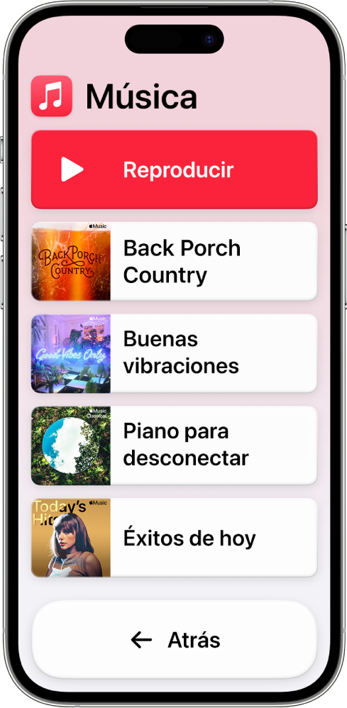 Un iPhone en el modo de acceso asistido con la app Música abierta. El botón Reproducir está en la parte superior de la pantalla y el botón Atrás está en la parte inferior. Una lista de playlists ocupa la mitad de la pantalla.