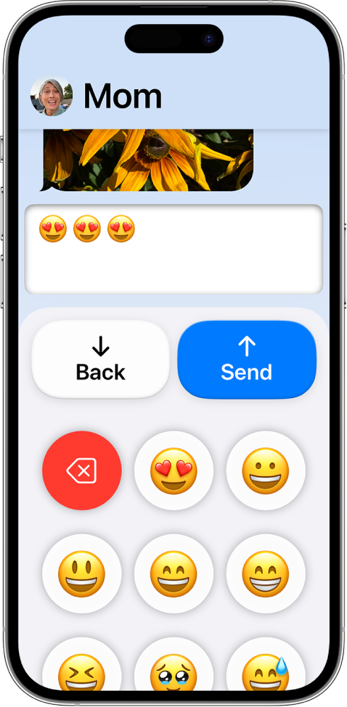 iPhone kasutab režiimi Assistive Access ning avatud on rakendus Messages. Emoji-klaviatuuriga saadetakse sõnum.