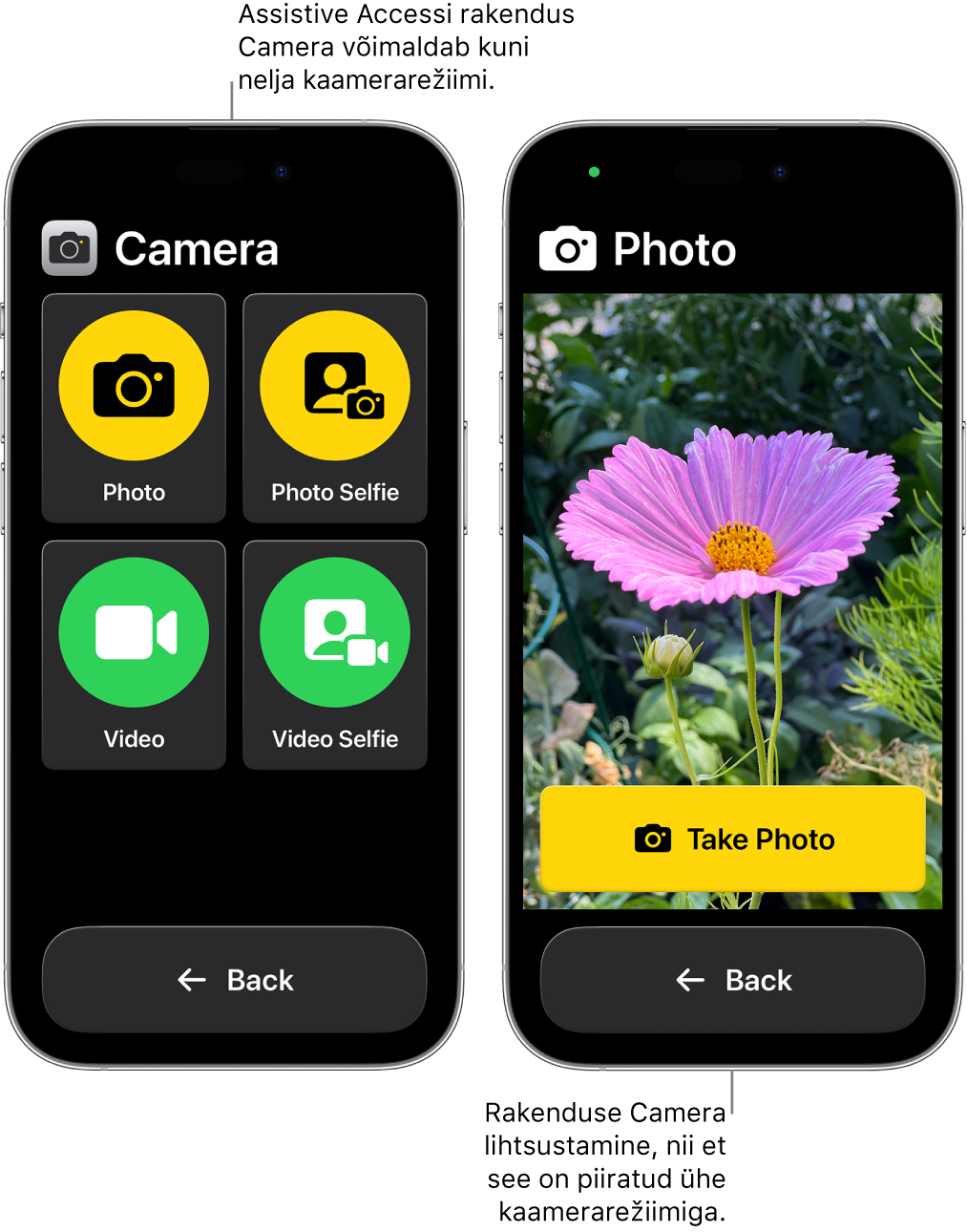 Kaks iPhone’i, milles kasutatakse Assistive Accessi. Ühes iPhone’is on rakendus Camera selliste kasutaja valitavate kaamerarežiimidega nagu Video või Photo Selfie. Teises iPhone’is on rakendus Camera ainult ühe fotode tegemise režiimiga.