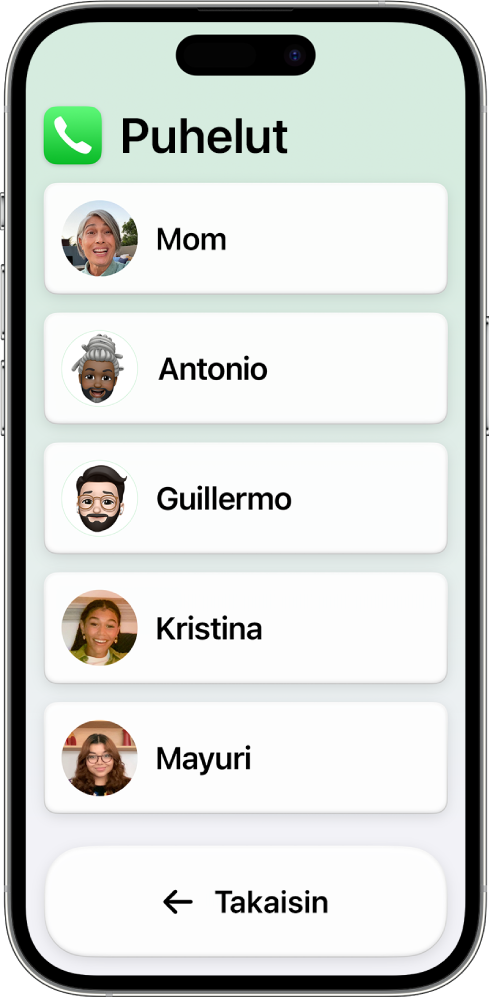 Puhelut-appi auki iPhonessa, jossa on päällä avustettu käyttö. Apissa näkyy luettelo yhteystietojen kuvista ja nimistä.