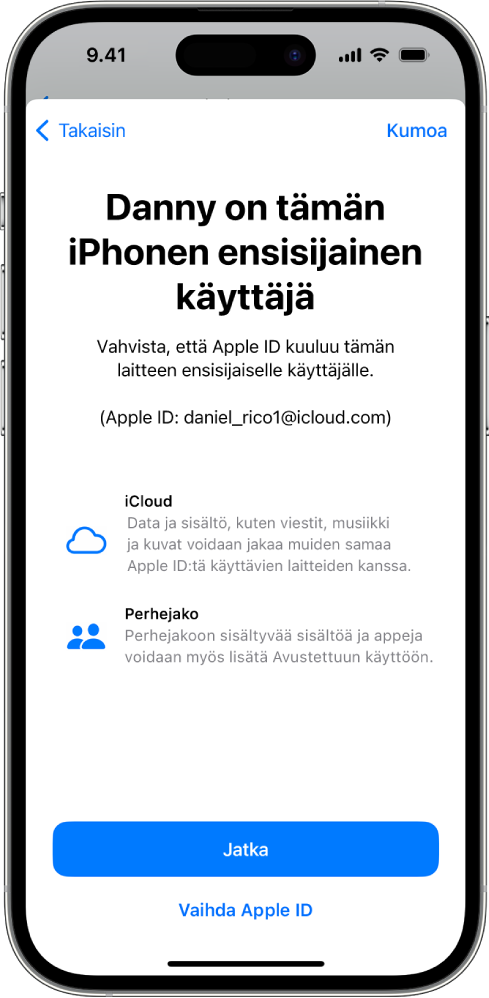 iPhone, jossa on näkyvissä laitteeseen yhdistetty Apple ID ja tietoa iCloud- ja Perhejako-ominaisuuksista, jotka ovat saatavilla avustetussa käytössä.