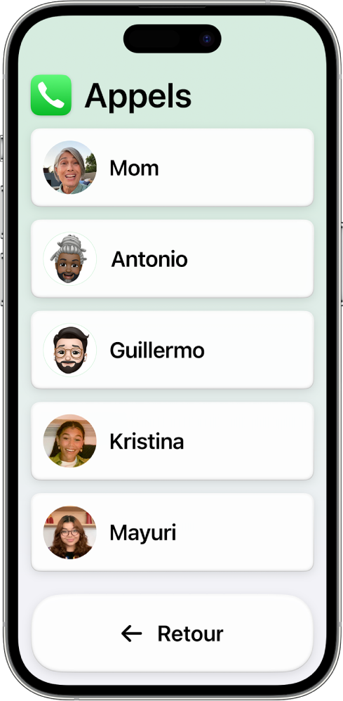 Un iPhone dans Accès d’aide avec l’app Appels ouverte, affichant une liste de photos et de noms de contacts.