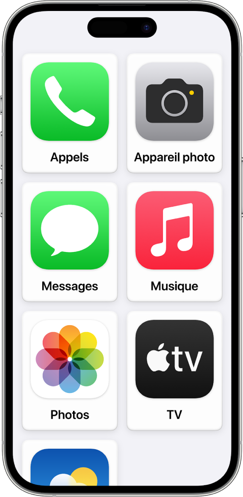 Un iPhone présentant l’écran d’accueil d’Accès d’aide avec une grande grille d’icônes d’apps et les noms correspondants.