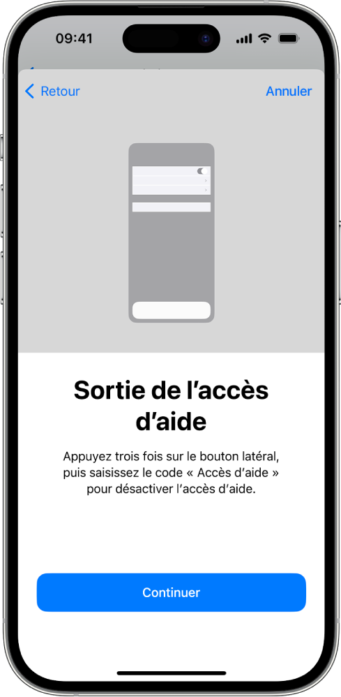 Un iPhone avec un écran expliquant comment quitter Accès d’aide.