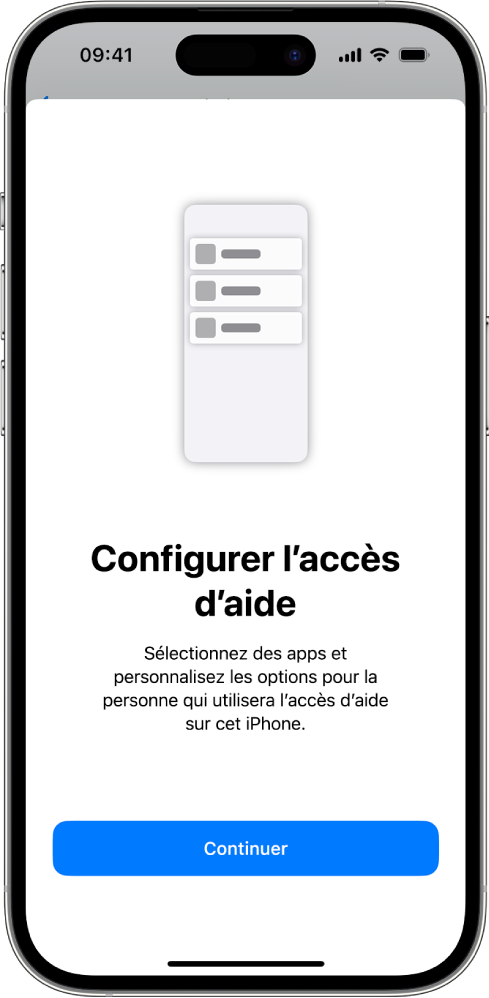Un iPhone affichant l’écran de configuration d’Accès d’aide avec le bouton Continuer en bas.