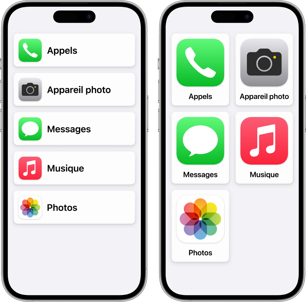 Deux iPhone dans Accès d’aide. L’un affiche l’écran d’accueil avec des apps présentées en rangs superposés. L’autre affiche les apps en plus grand et disposées sous forme de grille.