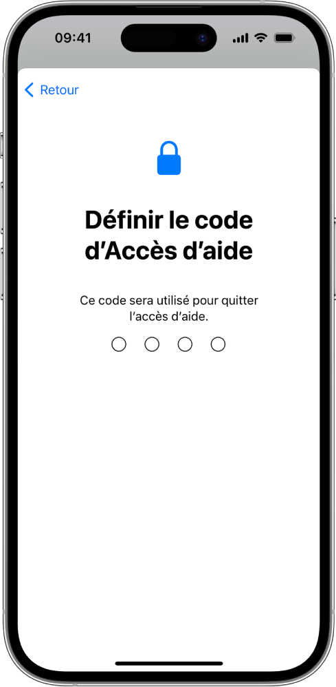Un iPhone présentant l’écran de configuration du code Accès d’aide qui sert à activer et à quitter la fonctionnalité Accès d’aide.