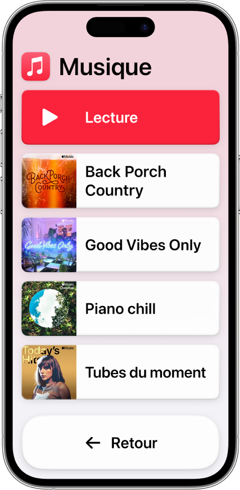 Un iPhone dans Accès d’aide avec l’app Musique ouverte. Le bouton Lecture se trouve en haut de l’écran et le bouton Retour est en bas. Une liste de playlists occupe le centre de l’écran.