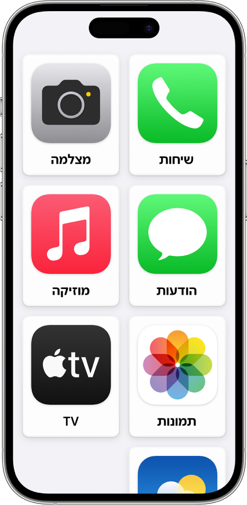 מסך הבית של ״גישה מסייעת״ ב-iPhone שבו מופיעה רשת גדולה של אייקונים של יישומים והשמות שלהם.
