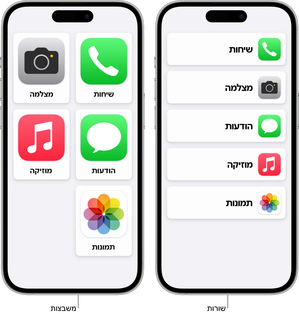 שני מכשרי iPhone במצב ״גישה מסייעת״. באחד מוצג מסך הבית עם יישומים המסודרים בשורה. בשני מוצגים יישומים גדולים יותר, המסודרים ברשת.