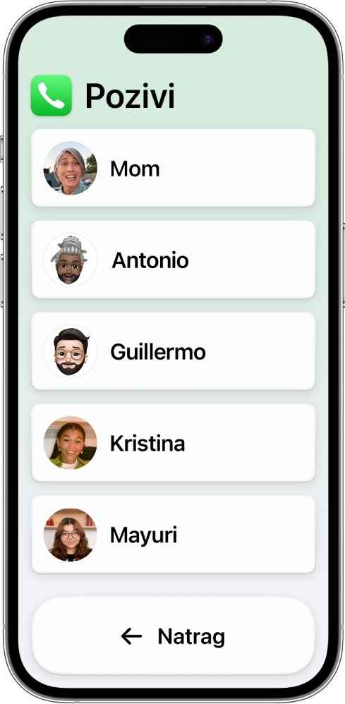 iPhone u Pomoćnom pristupu s otvorenom aplikacijom Pozivi, koji prikazuje popis fotografija i imena kontakata.