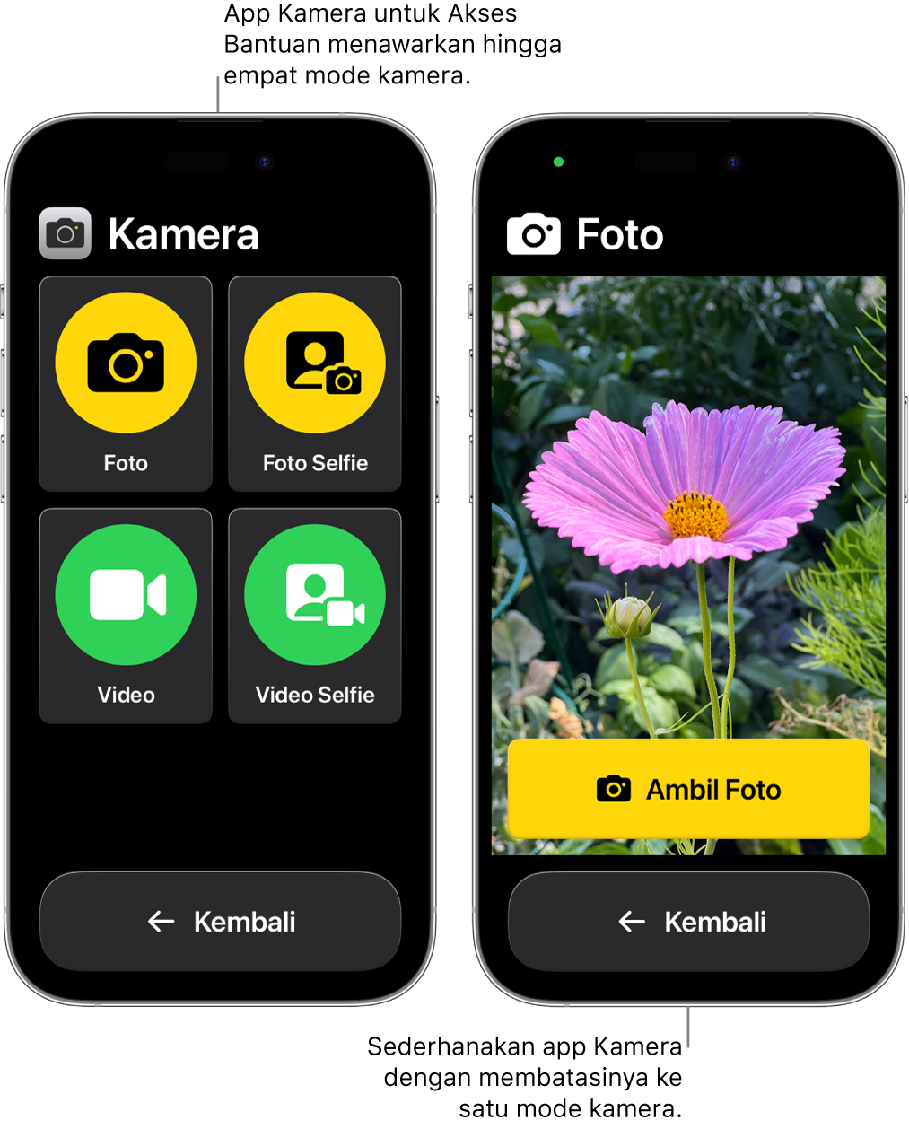 Dua iPhone dalam Akses Bantuan. Satu iPhone menampilkan app Kamera dengan mode kamera yang dapat dipilih pengguna, seperti Video atau Selfie Foto. iPhone lainnya menampilkan app Kamera dengan mode tunggal untuk mengambil foto.