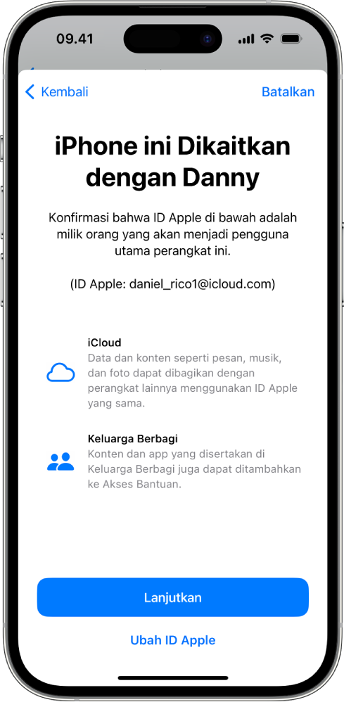 iPhone menampilkan ID Apple yang dikaitkan dengan perangkat dan informasi mengenai fitur iCloud serta Keluarga Berbagi yang dapat digunakan dengan Akses Bantuan.