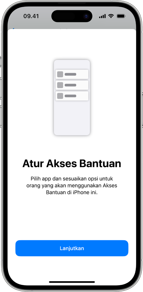 iPhone menampilkan layar pengaturan Akses Bantuan dengan tombol Lanjutkan di bagian bawah.
