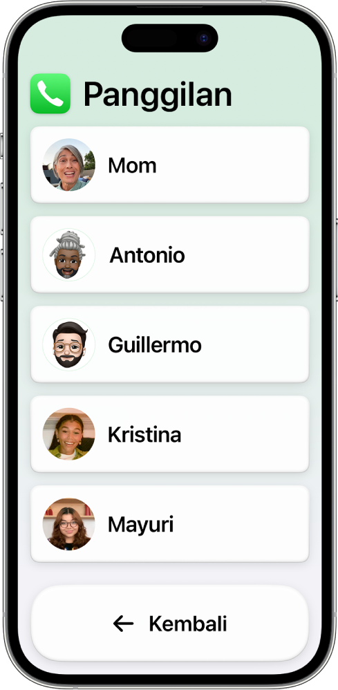 iPhone dalam Akses Bantuan dengan app Panggilan terbuka, menampilkan daftar foto serta nama kontak.