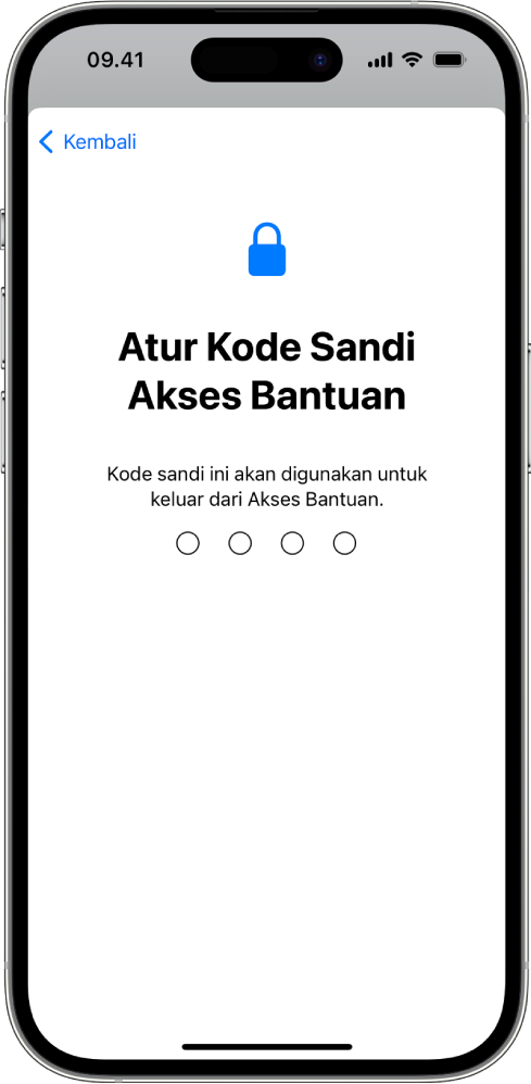 iPhone menampilkan layar untuk mengatur kode sandi Akses Bantuan yang digunakan saat masuk dan keluar dari Akses Bantuan.