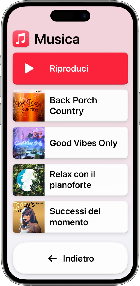 Un iPhone in modalità “Accesso assistito” in cui è aperta l’app Musica. Il pulsante Riproduci si trova nella parte superiore dello schermo, mentre il pulsante Indietro è visualizzato in basso. Al centro dello schermo, è visualizzato un elenco di playlist.