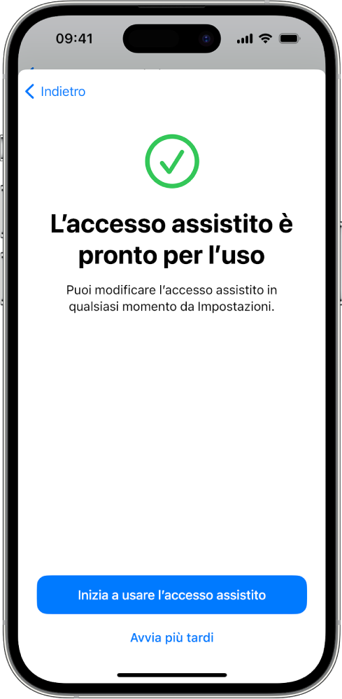 Un iPhone che mostra che “Accesso assistito” è pronto per essere utilizzato, con un pulsante in basso per accedere alla funzionalità.