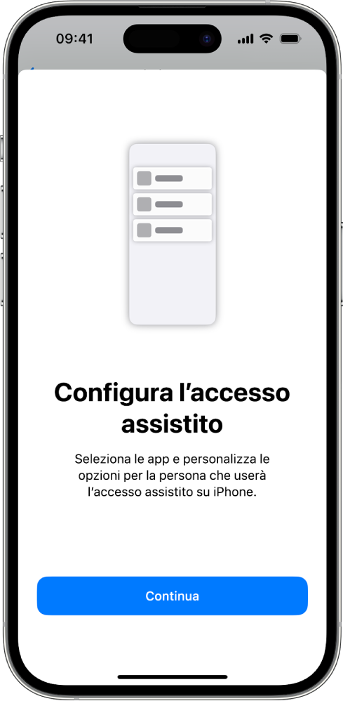 Su un iPhone viene mostrata la schermata di configurazione di “Accesso assistito” con il pulsante Continua in basso.