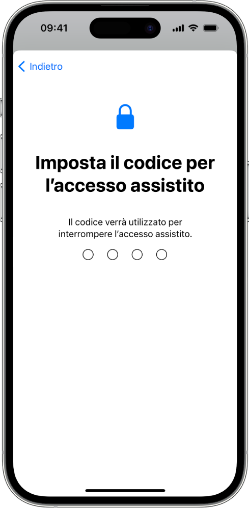Un iPhone che mostra la schermata di configurazione del codice di “Accesso assistito” che viene usato per avviare e interrompere la funzionalità.