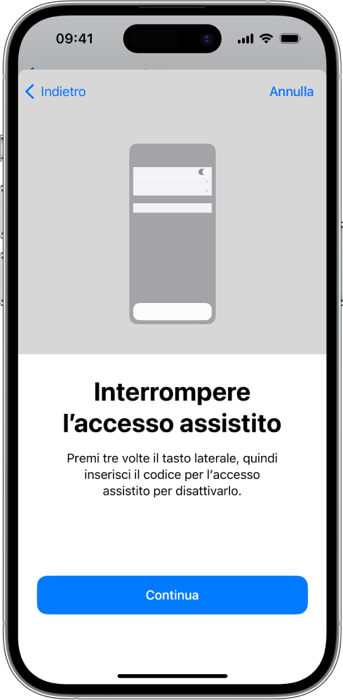 Una schermata di iPhone che spiega come interrompere “Accesso assistito”.