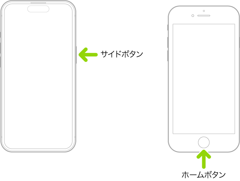 2台のiPhone。サイドボタンがあってホームボタンがないiPhoneと、ホームボタンのあるiPhoneがあります。各ボタンの位置を示した矢印があります。