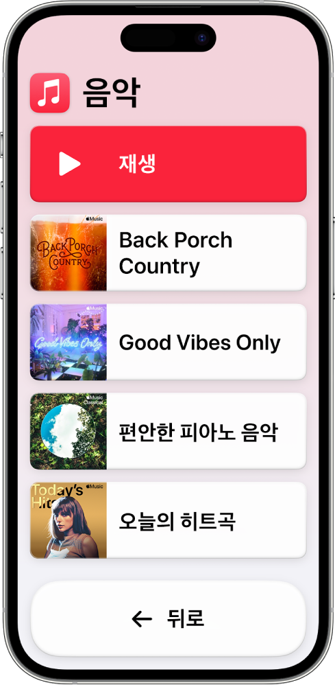보조 접근을 사용 중인 iPhone에 음악 앱이 열려 있음. 화면 상단에 재생 버튼이 있고 하단에 뒤로 버튼이 있음. 화면 가운데가 플레이리스트 목록으로 채워짐.