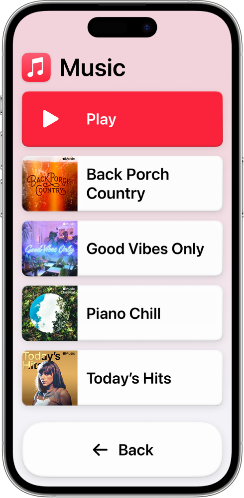 „iPhone“ įrenginyje įjungus „Assistive Access“ rodoma atidaryta programa „Music“. Mygtukas „Play“ pateikiamas ekrano viršuje, o mygtukas „Back“ – apačioje. Grojaraščių sąrašas užpildo ekrano vidurį.