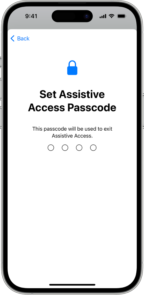Rodomas „iPhone“ ekranas, skirtas nustatyti „Assistive Access“ prieigos kodą, naudojamą įjungiant ir išjungiant „Assistive Access“.