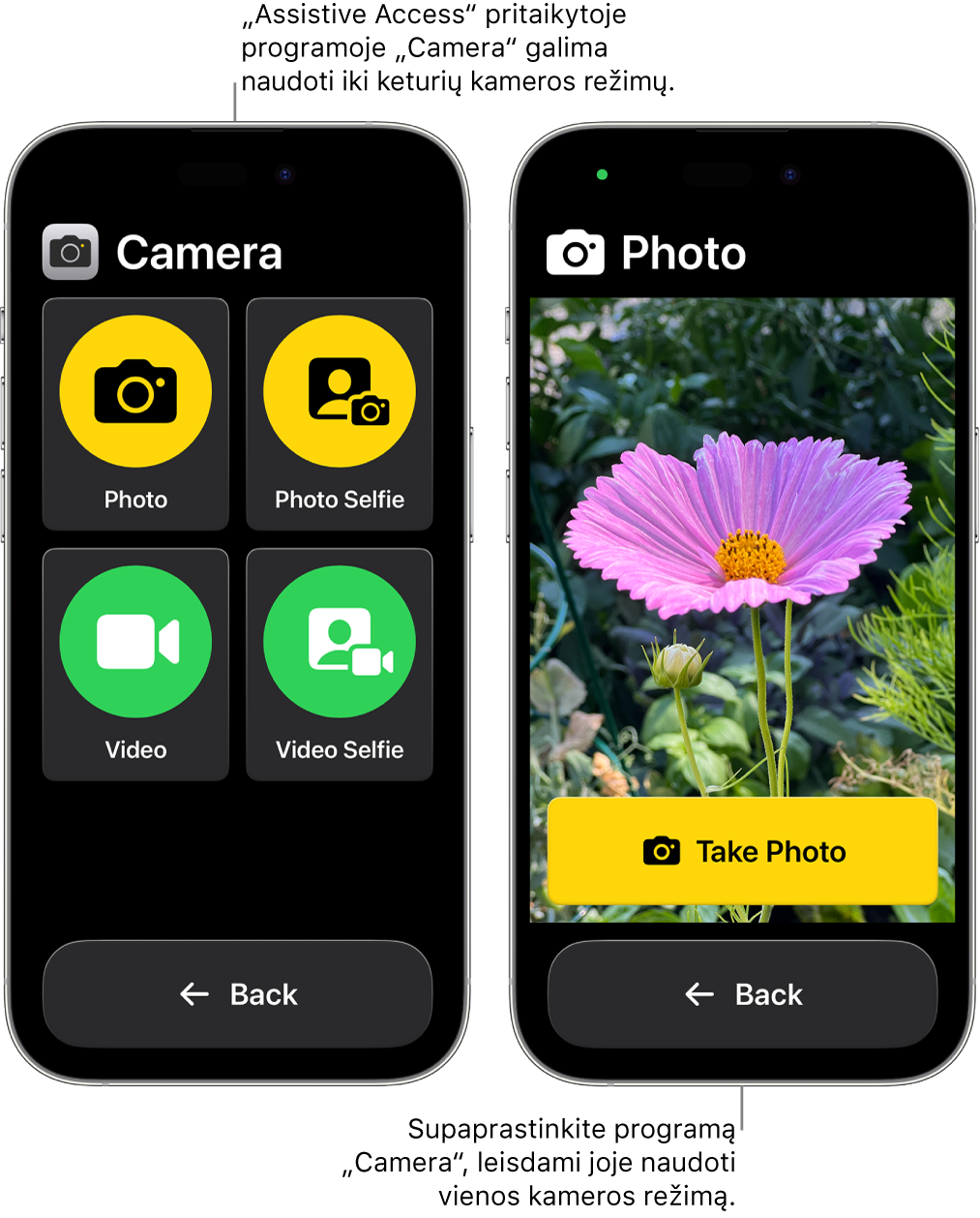 Du „iPhone“ įrenginiai, kuriuose veikia „Assistive Access“. „iPhone“ įrenginyje rodoma programa „Camera“ ir kameros režimai, iš kurių naudotojas gali pasirinkti, pvz., „Video“ ar „Photo Selfie“. Kitame „iPhone“ rodoma programa „Camera“ su vienu fotografavimo režimu.
